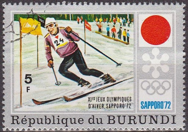 Burundi 1972 Scott 385 Sello * Juegos Olimpicos Sapporo Japon Slalom 5F Matasello de favor Preobliterado